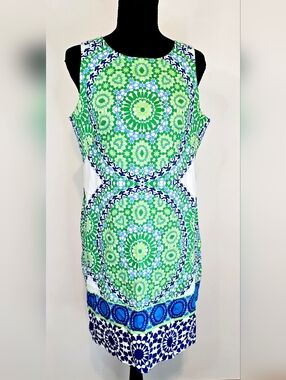 London Times Shift Dress Green Blue Geometric Sleeveless Size 8 Summer